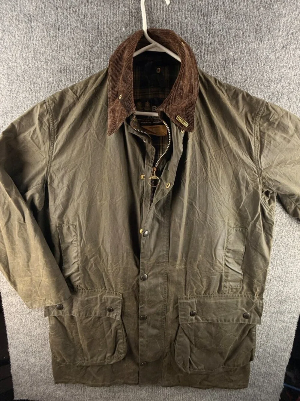 VTG Barbour A200 Border Size 40 Green Waxed Jacket Long Zip Snap Collared 80s